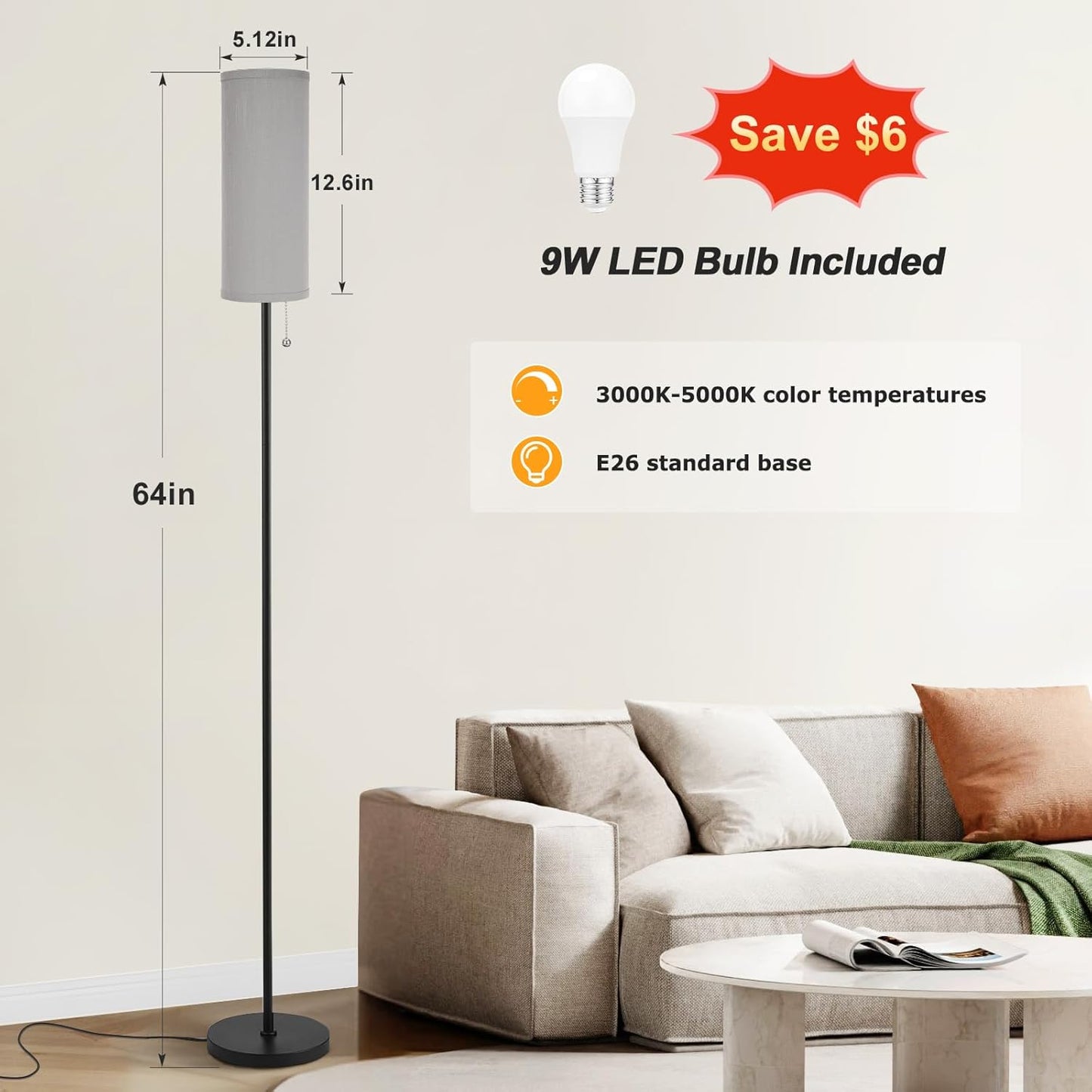 Ambimall Floor Lamp for Living Room with 3 Color Temperatures Bulb, 64" Standing lamp with Linen lampshade for Bedroom, Minimalist Pole Lamp, Grey Shade & Black Pole