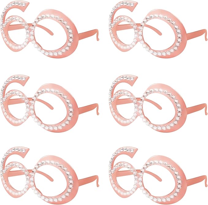 60th Birthday Glasses - 6 Pairs Rose Gold 60 Years Old Glasses with Rhinestones Frame, Funny Plastic Costume Photo Booth Props for 60th Anniversary Party Decorations