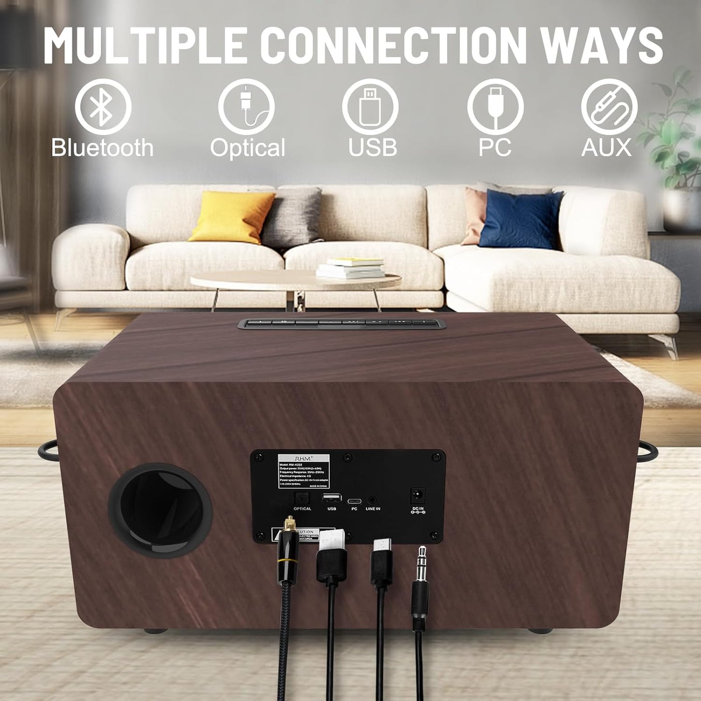 RHM K222 Karaoke Machine with 2 UHF Wireless Microphones & 5 Music Modes, Support Optical/Bluetooth/AUX/USB/PC, Wooden Home Karaoke Singing Machine for TV, Home, Karaoke, Singing Party, Christmas