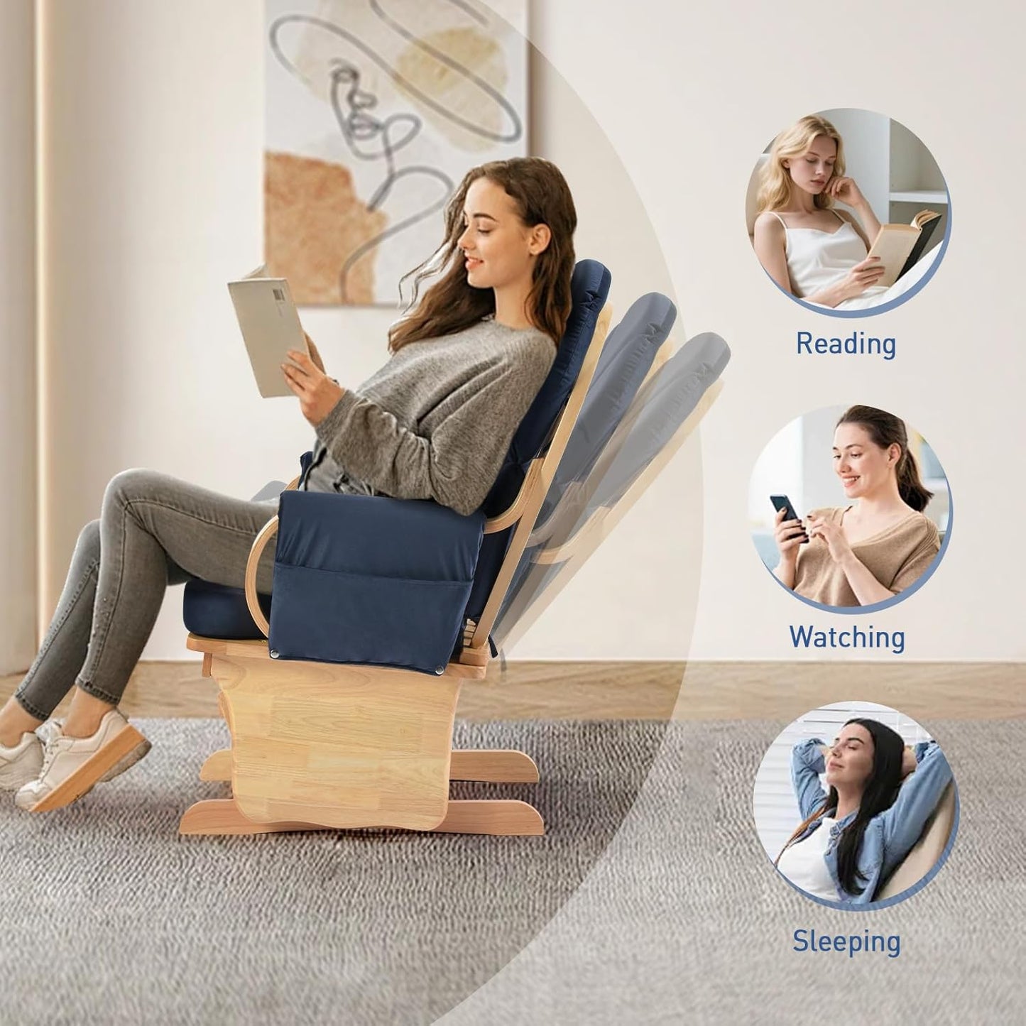 Wood Base Glider Rocker Chair, Baby Feeding and Rocking Chair Nursery Rocking Chairs with Silent Swing Solid Hardwood Base for Nursery, Living Room, Bedroom, Classroom(Navy Blue)