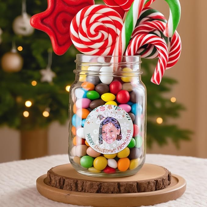 callie Personalized Christmas Stickers with Photo Name, Custom Waterproof Glitter Xmas Labels for Crafts Cards Envelope Seal Party Decorations, 24pcs