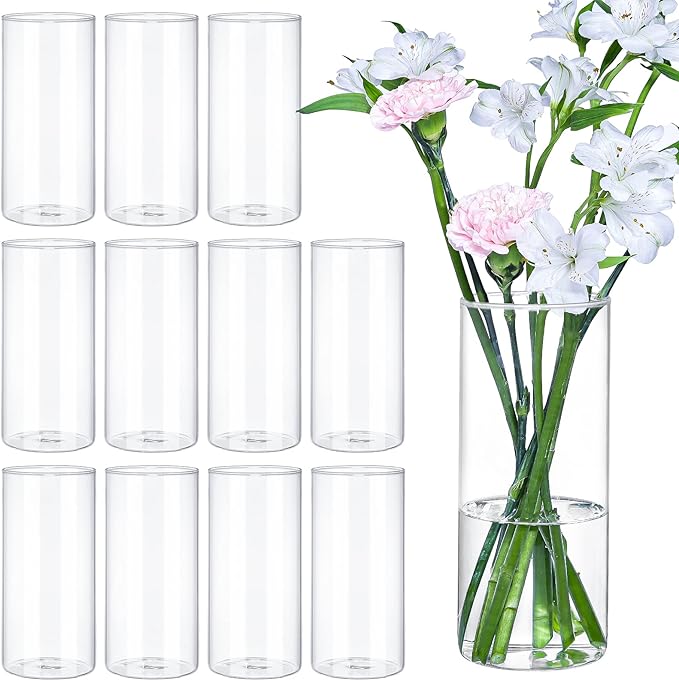 12Pcs Glass Cylinder Vases 8 Inch Tall Clear Flower Vases for Centerpieces Wedding Decoration, Hurricane Floating Candle Holder for Party Table Home Decor