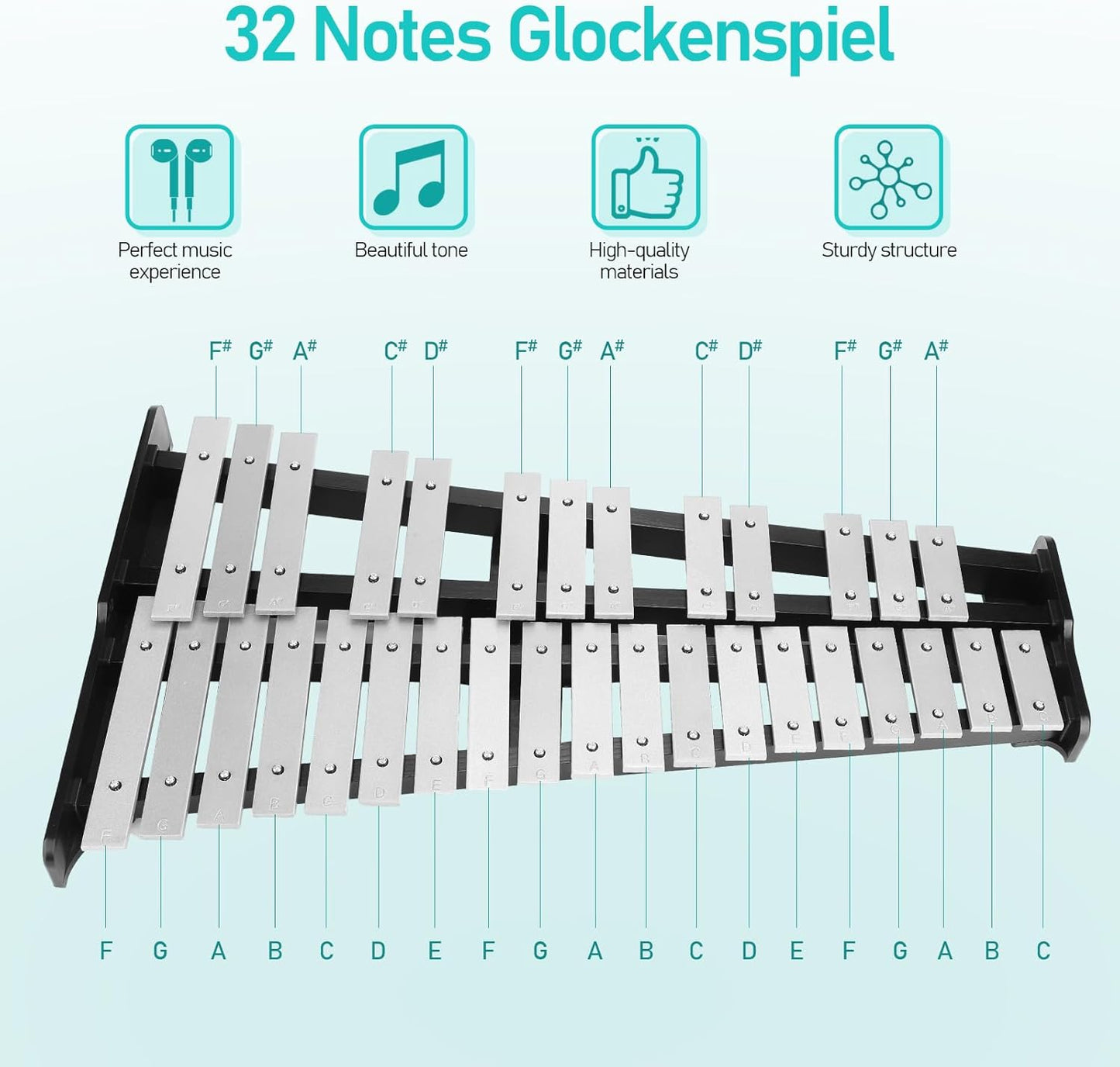 32 Note Glockenspiel Xylophone Percussion Kit with Height Adjustable Stand, Drumsticks and Carry Bag