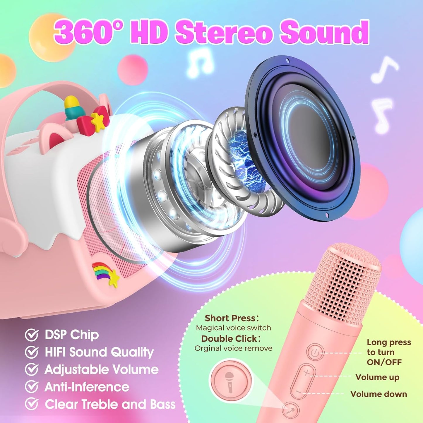 Mini Karaoke Machine for Kids Girls: Unicorn Portable Bluetooth Speakers with 2 Wireless Mic Birthday Gifts for 5 6 7 8 9 10 11 Years Teens Toys for Girls Age 4-6 7 8 9 Years Old Girl Gifts Pink