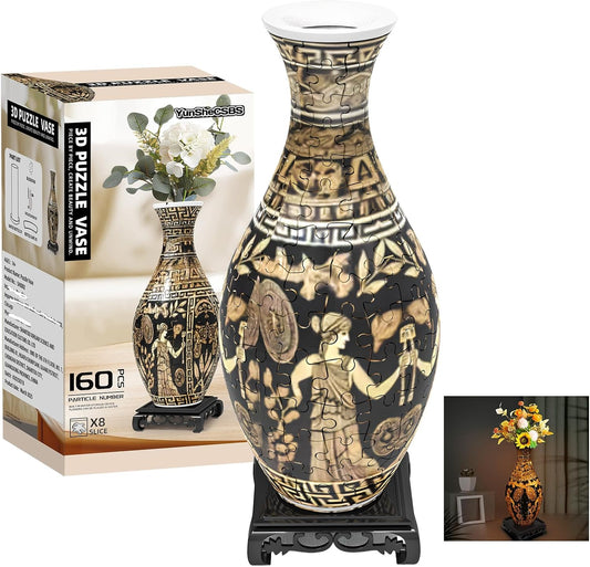 3D Puzzles Vase for Adults, 160 Pieces Plastic DIY Unique Flower Vase with LED Light, Crafts for Adults, Birthday Gifts House Warming Gift for Flower Arrangements and Home Decor (Brown)
