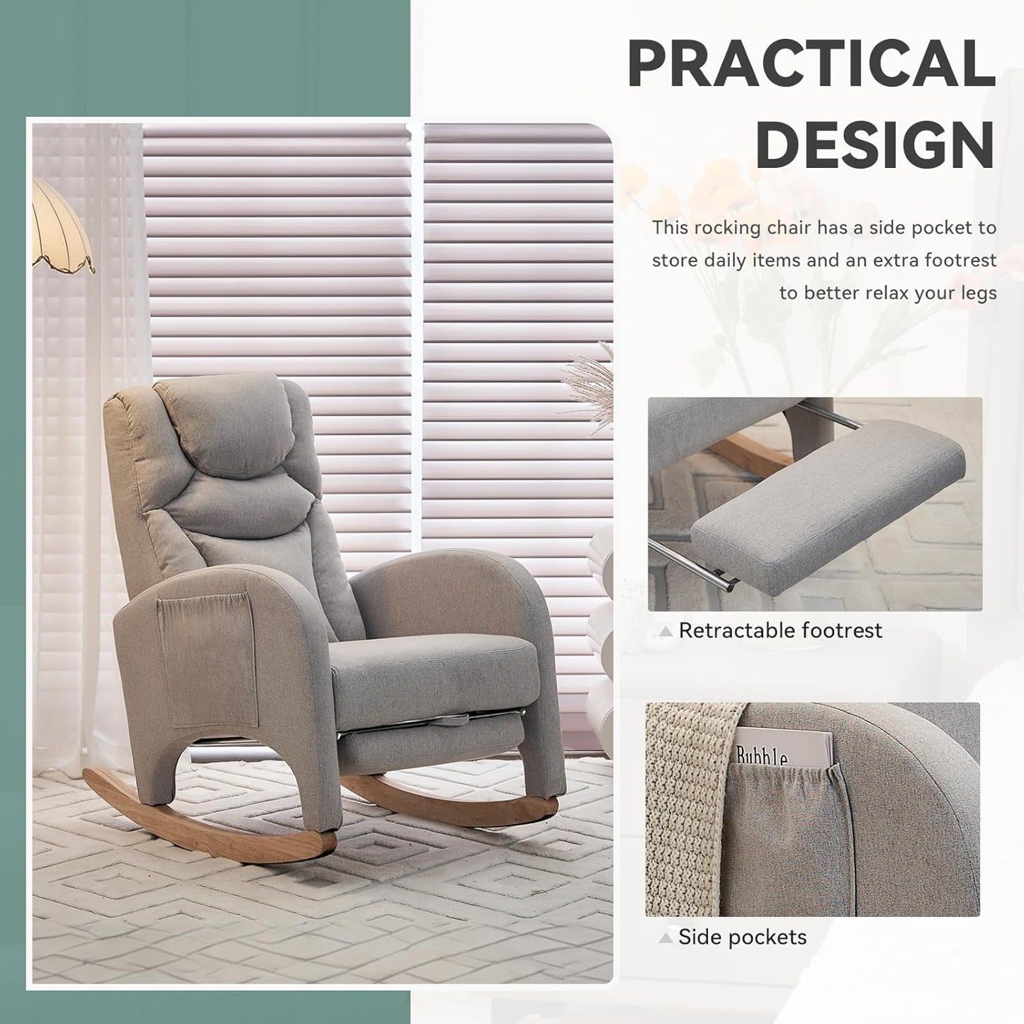 Rocking Chair Nursery, Modern Glider Chair with Adjustable Footrest and Solid Wood Legs, High Backrest Nursery Chair with Side Pocket, Rocker Armchair for Living Room Bedroom, Cotton Linen Light Gray