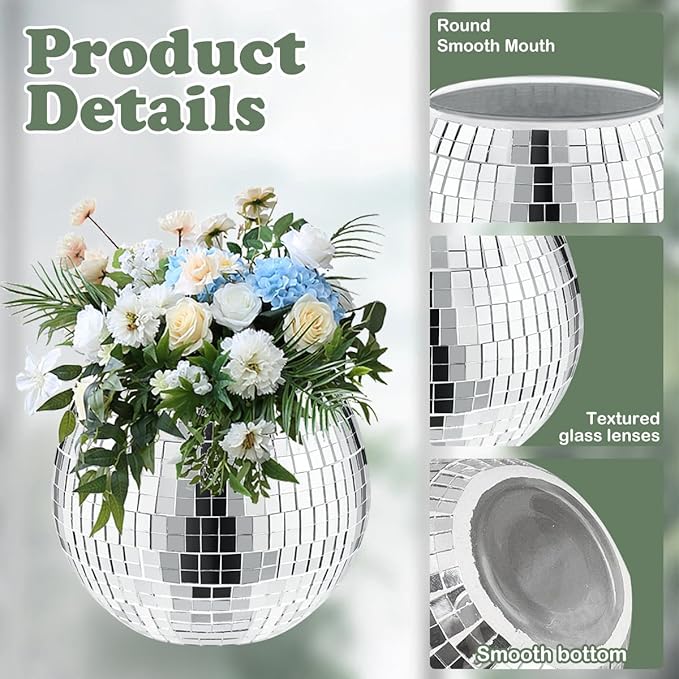 6 Pcs Disco Vase, Silver Mirror Ball Disco Ball Planter 5" X 6" Glass Silver Candle Holder White Vases for Centerpieces Table Decorations Party Wedding Birthday Gift