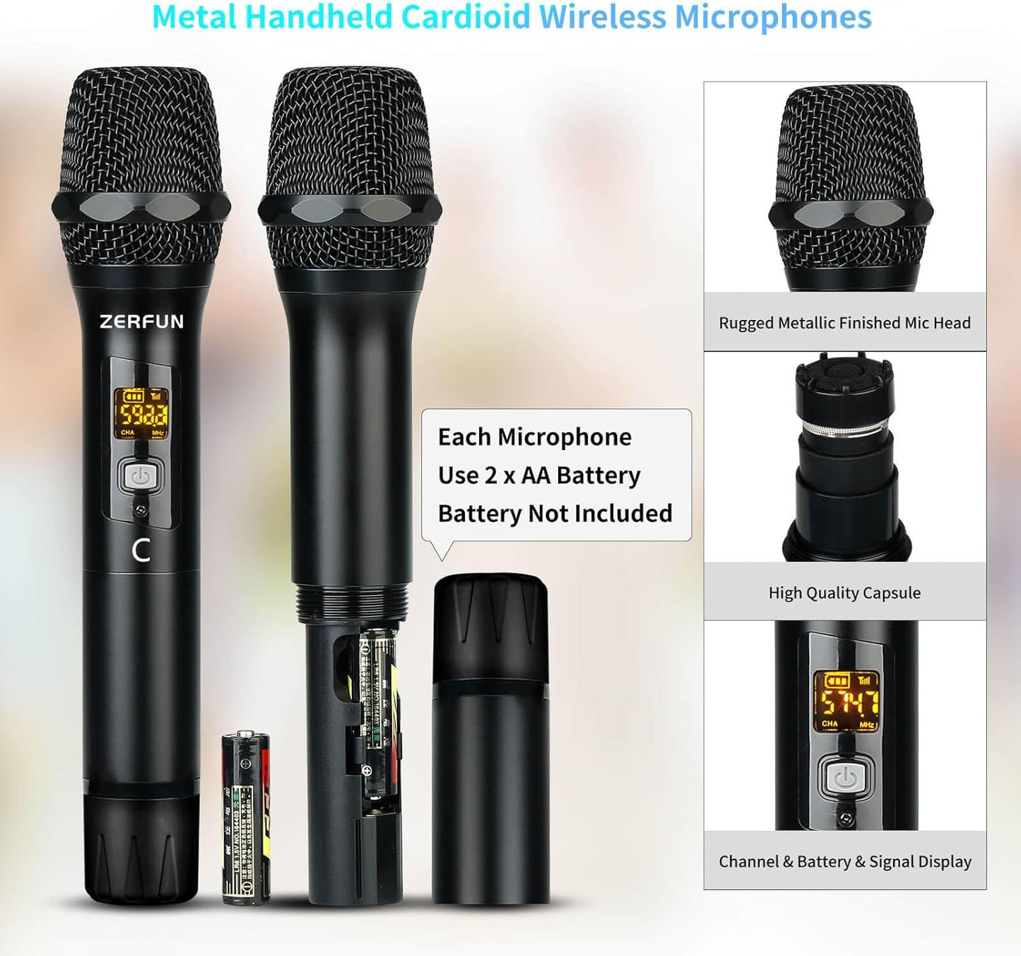 Pro Wireless Microphone System 4 Channel, UHF Metal Cordless Handheld Mics for Church Karaoke Singing, 4x50 Adjustable Frequency(G8 Battery 4 Handheld)