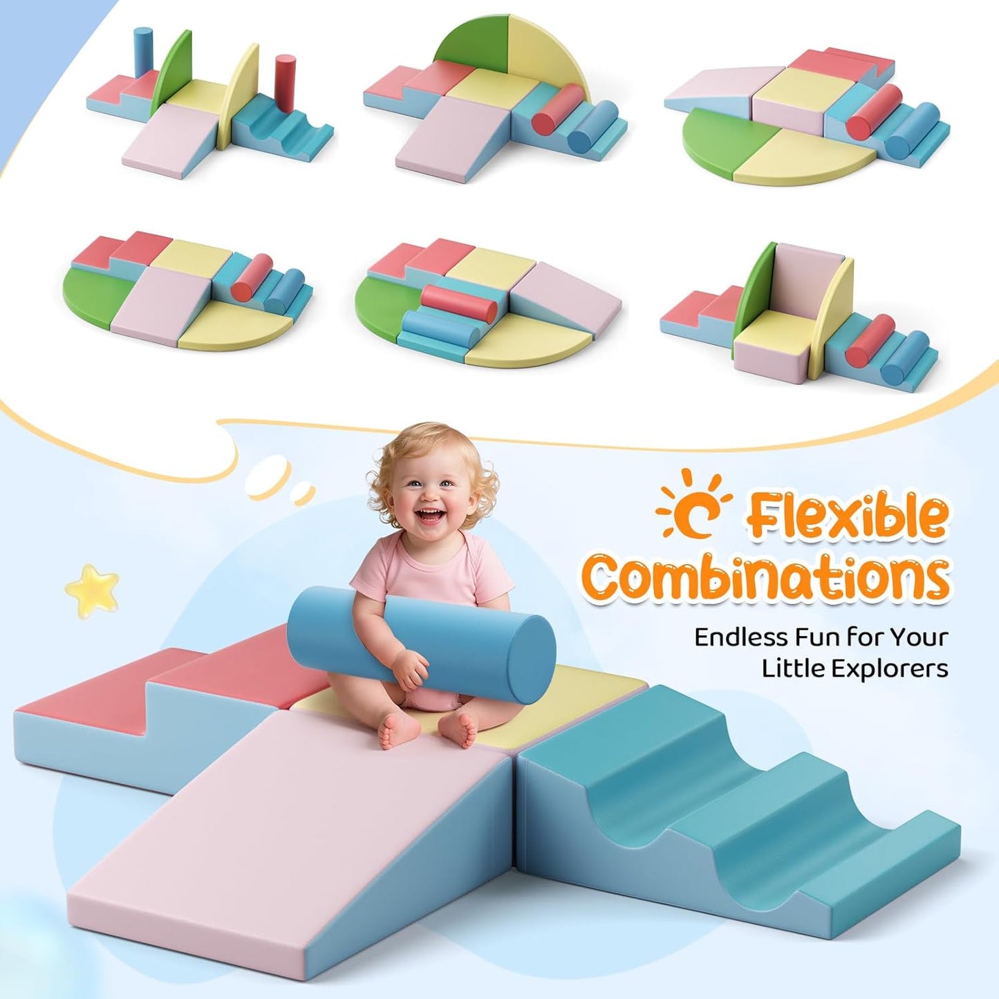 Lischwert Foam Climbing Blocks for Toddlers 1-3, 8pcs Soft Play Set with Crawling Exploration Toys, Indoor Outdoor Infant Safe Blocks for Baby Gym Toddler Playground