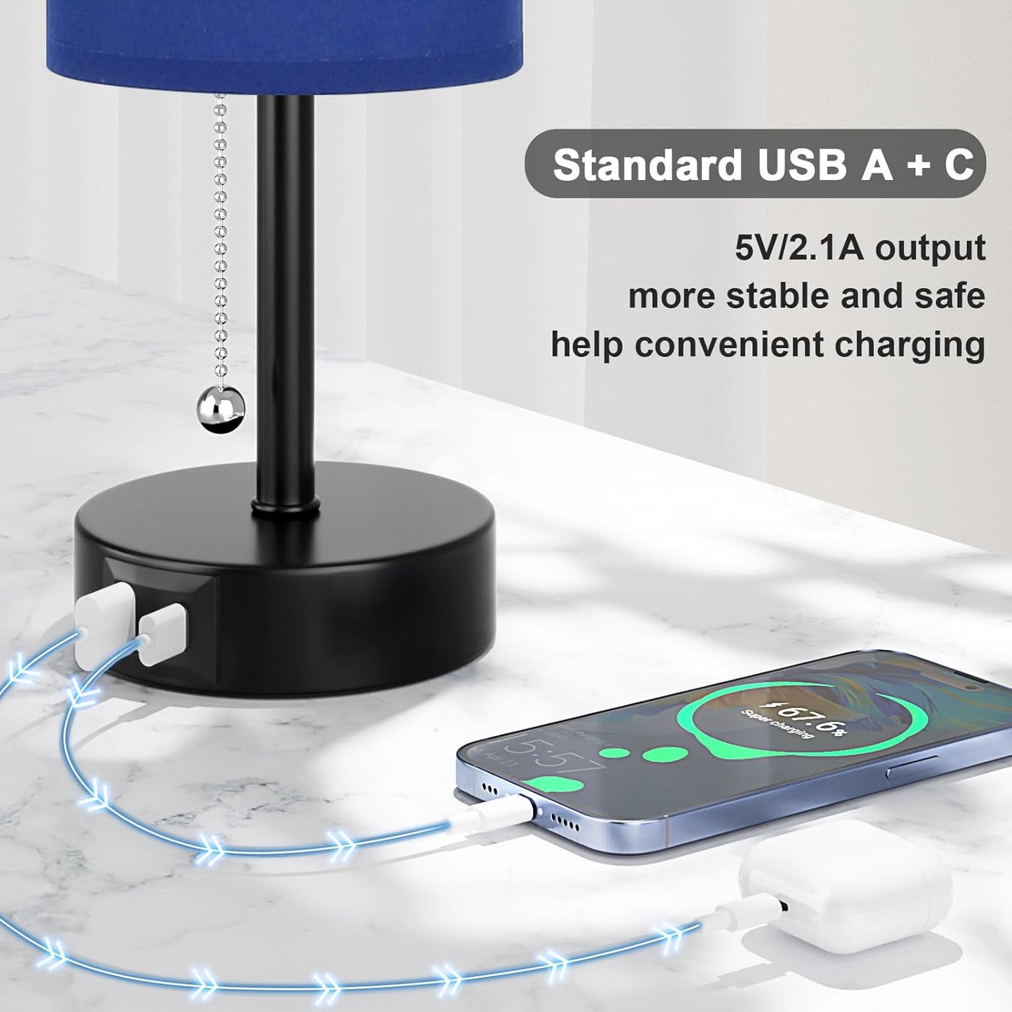 Blue Table Bedside Lamp for Bedroom Nightstand - Small Lamp with USB A + C Charging Port, 3 Color Temperatures Pull Chain Night Stand Light with Bulb, Side Table Desk Reading Lamp for Living Room