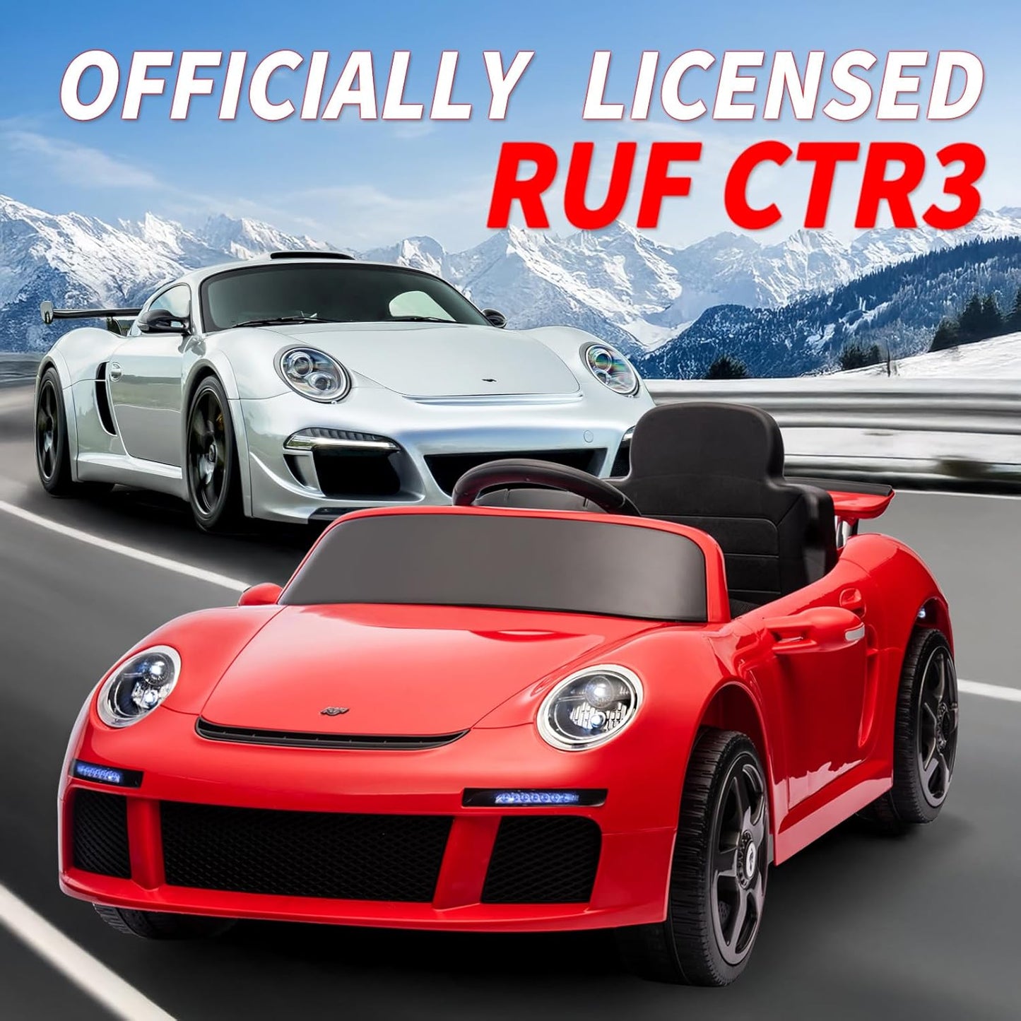 Licensed RUF CTR3 12V Kids Electric Car with Parent Remote Control, 2 Motors, 3 Speeds, LED Lights, MP3 Player | Battery Powered Ride-On Toy for Kids to Drive - Red
