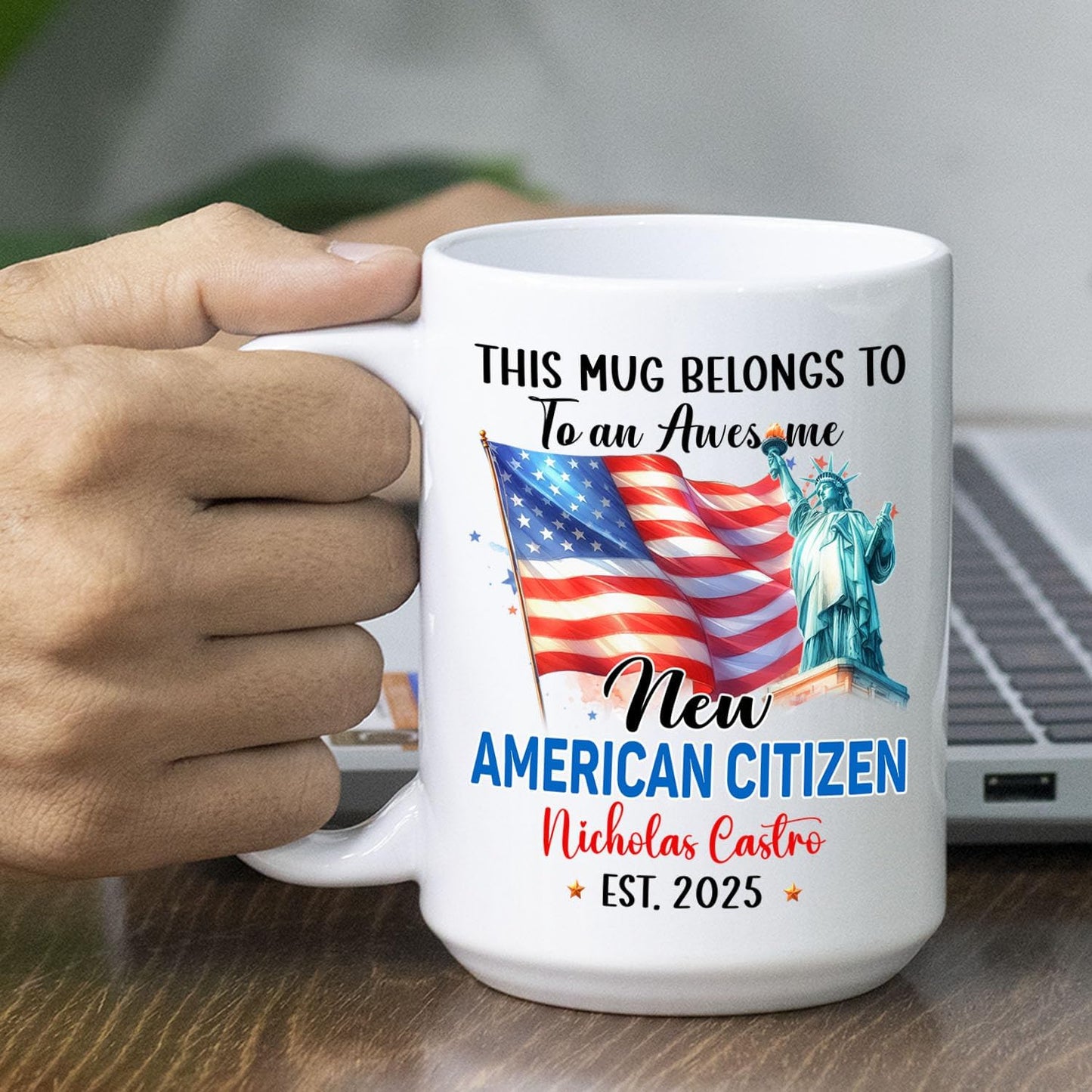 Personalized USA Flag White Mug Gift For New US Citizen on Citizenship Celebration, This Mug Belongs To An Awesome New American Citizen Cup, Customized Year & Name US Citizenship Coffee Cup 11 15Oz