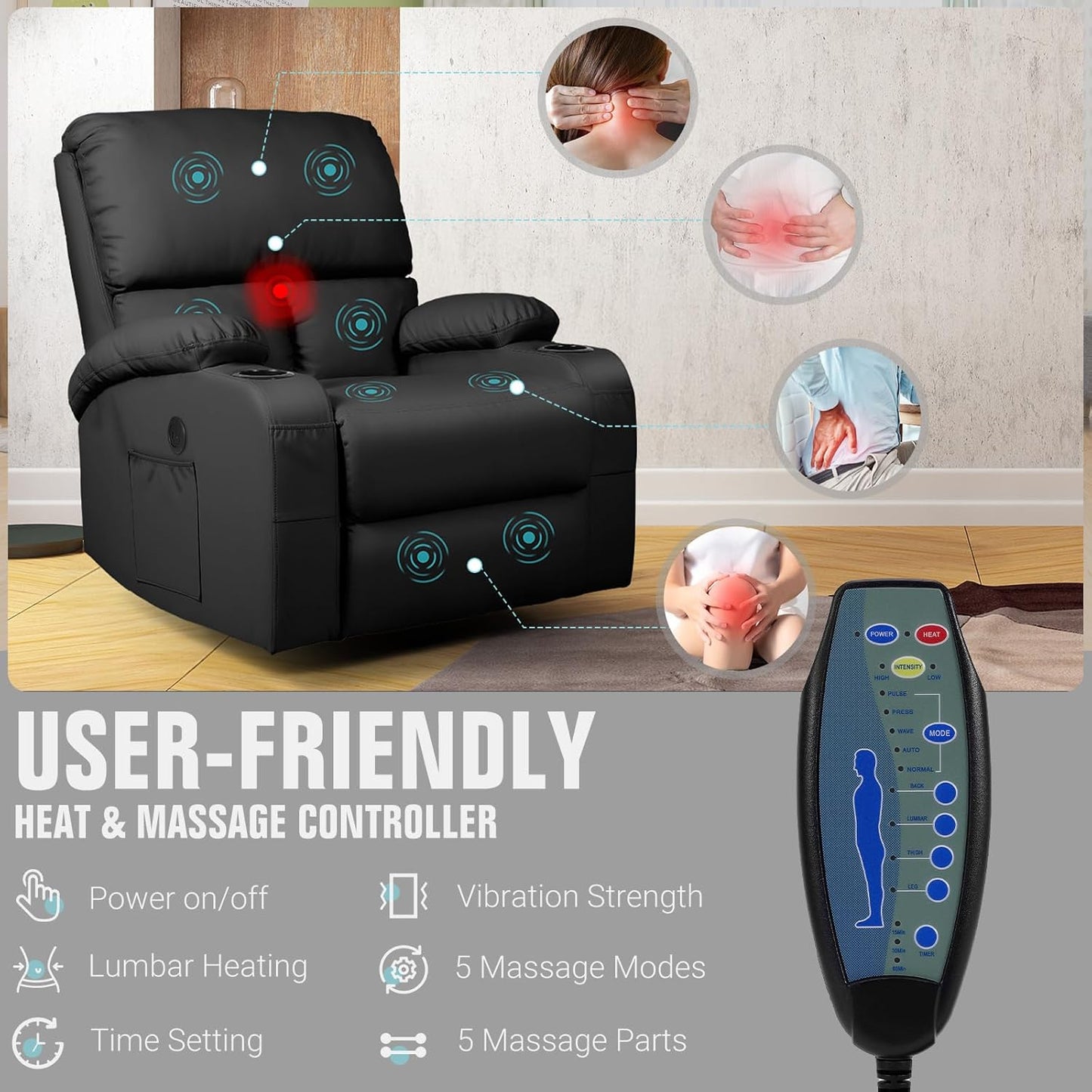 Rocking Recliner Chair, Massage Rocker Recliner Chair with Vibration Massage and Heat, USB and Type-C Ports,360° Swivel Faux Leather Chairs, Living Room, Bedroom, Nursery, RV, Black