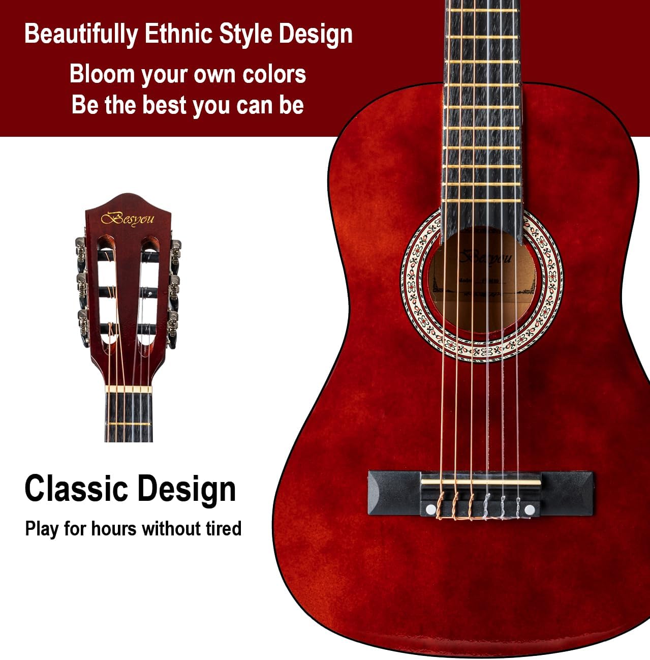 30in Beginner Kids Acoustic Guitar Basic Starter Kit Tuner Capo Strings Winders Strap Picks Student Youth Toddler Guitar Pickguard with Gig Bag Brown