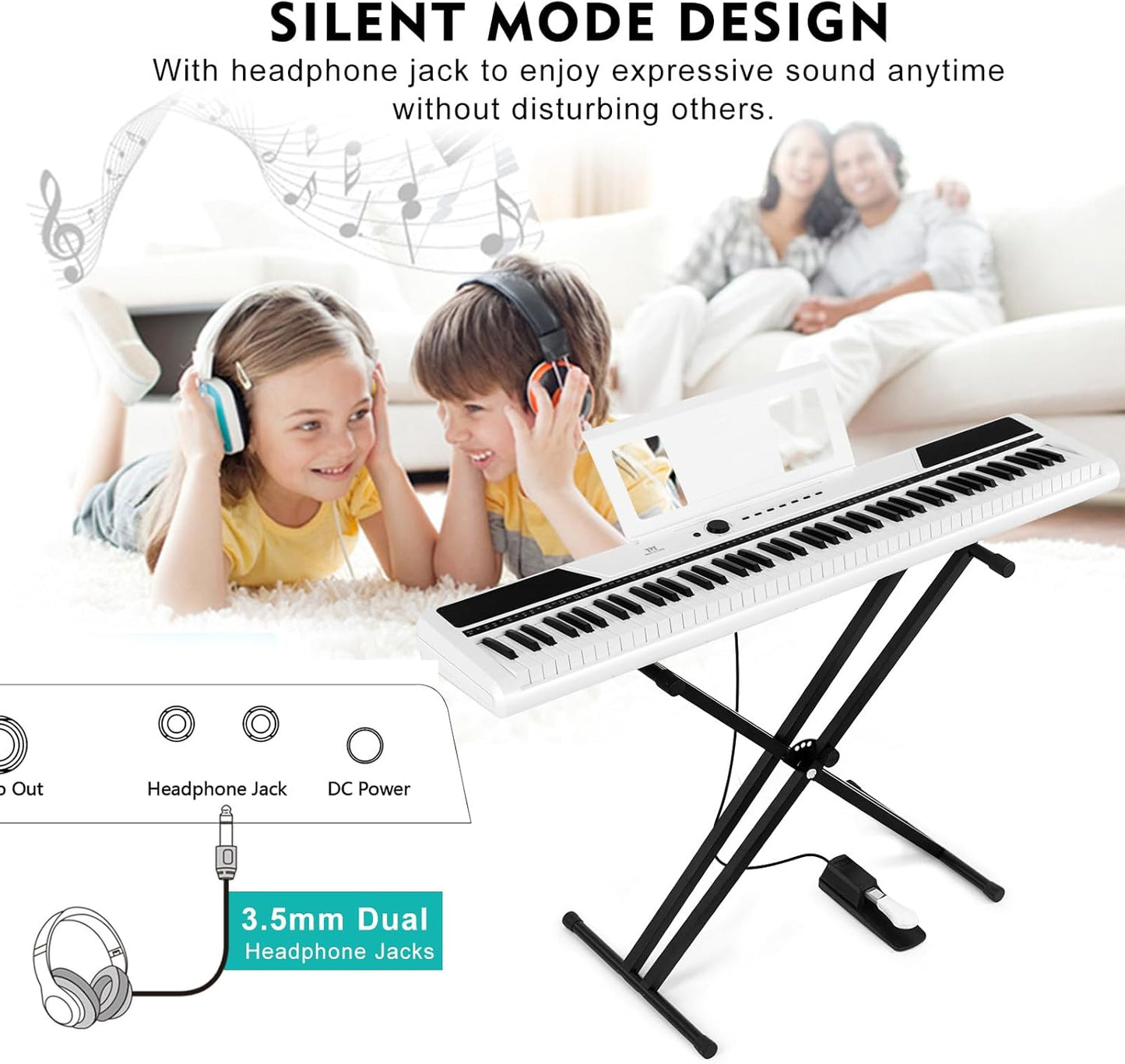 MUSTAR Digital Piano 88 Key Weighted with Stand, 88 Key Semi Weighted Keyboard Piano MEP-1400, Electric Piano Keyboard 88 Keys for Beginners, 2x25W Stereo Speakers, Case, Sustain Pedal, ABS, White