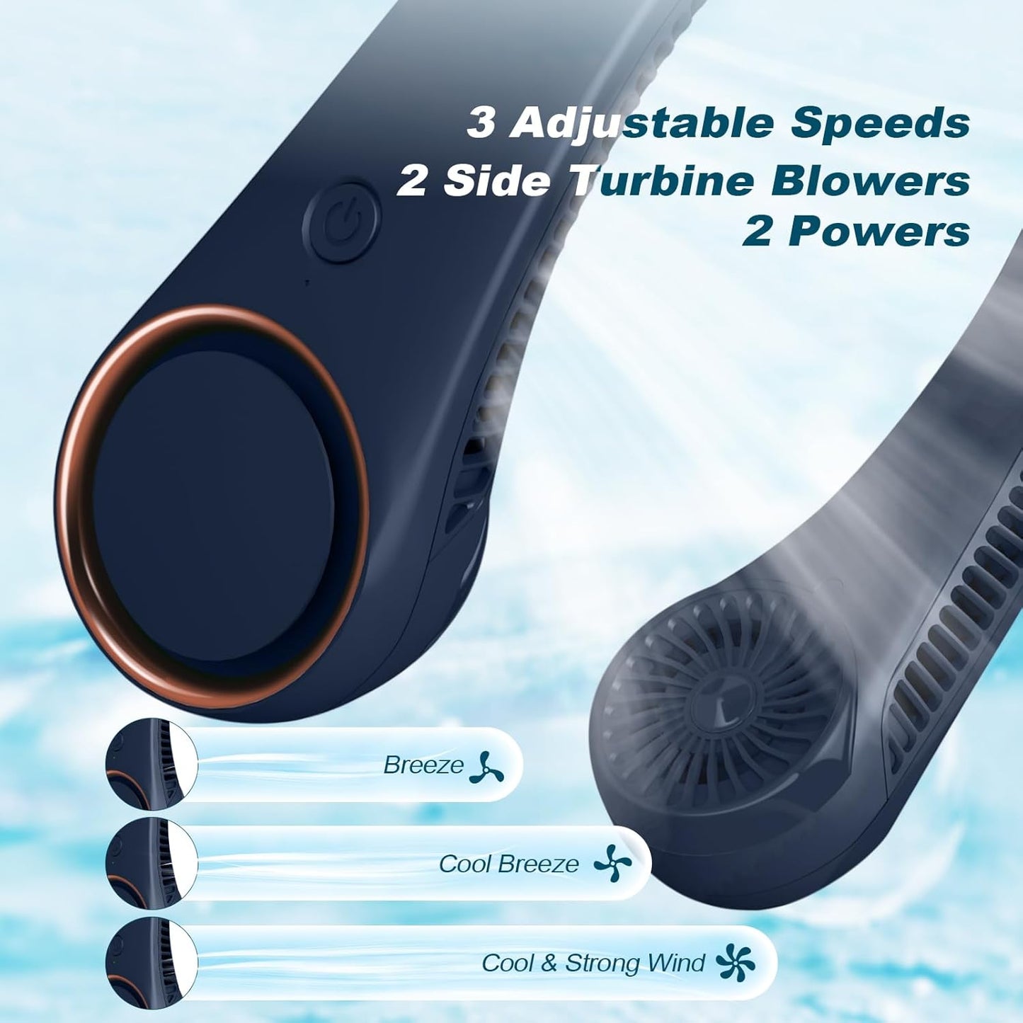 CIVPOWER Neck Fan: Portable Personal Neck Cooling Rechargeable Bladeless Fan - Hands Free 3 Speed 4000 mAh Battery USB Operated Wearable Headphone Design - for Men Women Outdoor Indoor (Dark Blue)