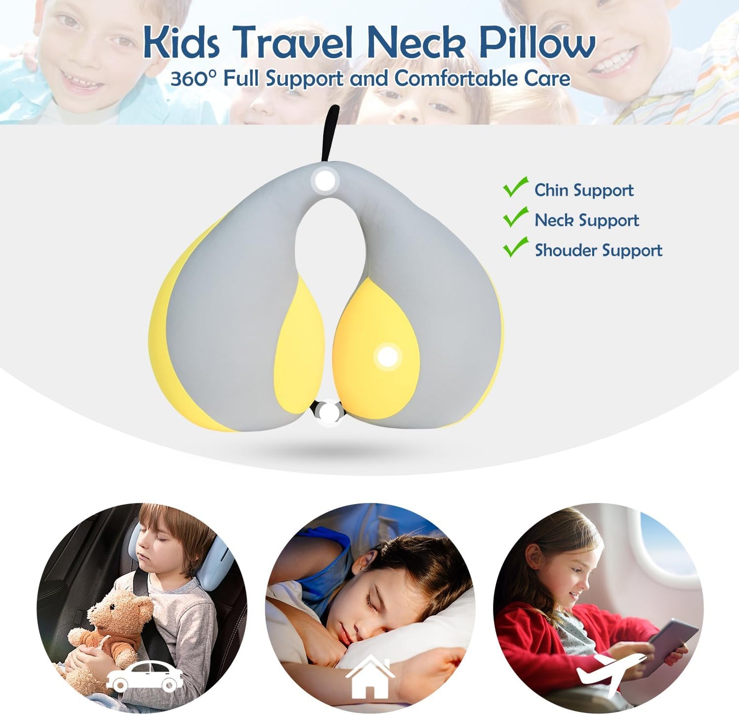 MOOB Kids Travel Pillow for Car Seat Kids U-Shape Travel Neck Pillow Support Children Stroller Pillow Grey Yellow