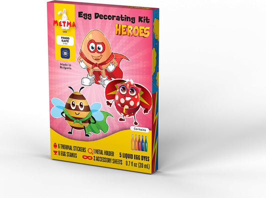 METMA 1999 Egg Decorating Kit Heroes - Complete Decorative Eggs Set with Liquid Dyes, Stickers, Egg Spinner, and More - Fun Easter Egg Dye Kit Arts and Crafts for Kids