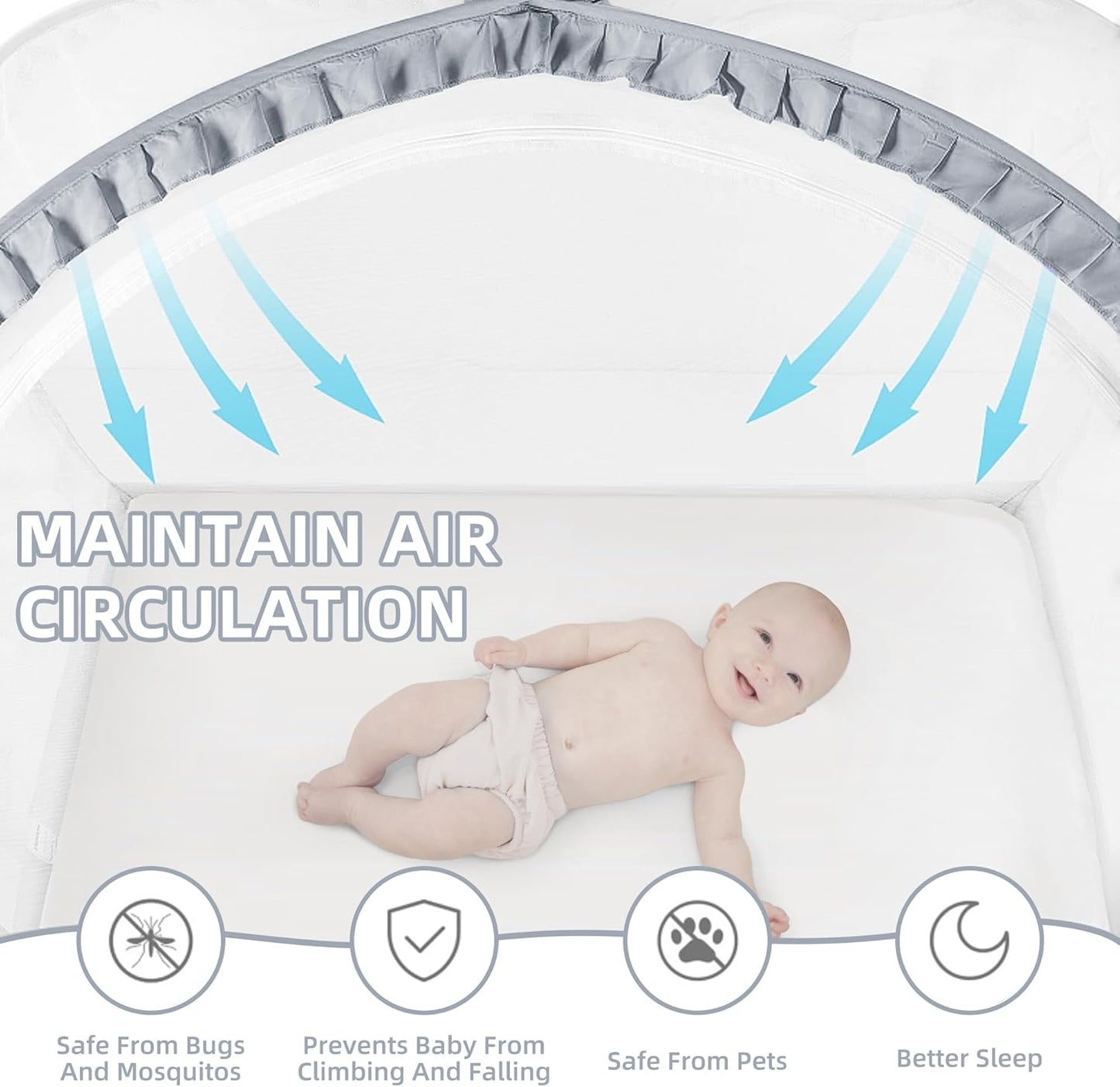 Lazyzzzz Baby Crib Tent - Pop Up Crib Canopy with Double Zipper Self-Locked,1200 Holes/Inch Mesh Crib Net to Keep Baby from Climbing Out, Portable Easy Install 55" L x 27" W x 51" H Grey