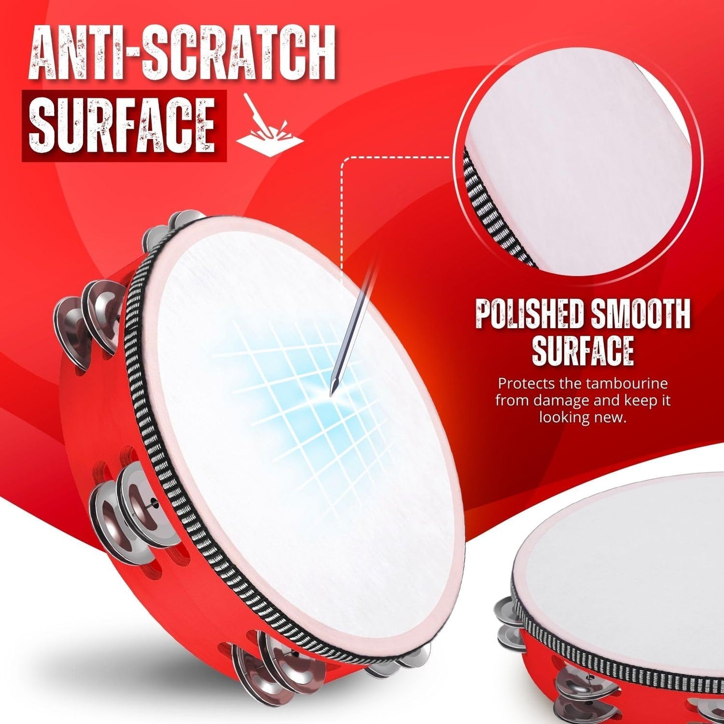 Flexzion Wood Handheld Tambourine (2 Pack) 8 Inch Double Row 12 Pair Jingles, Hand Held Percussion Drum Moon Musical Instrument with Metal Bell