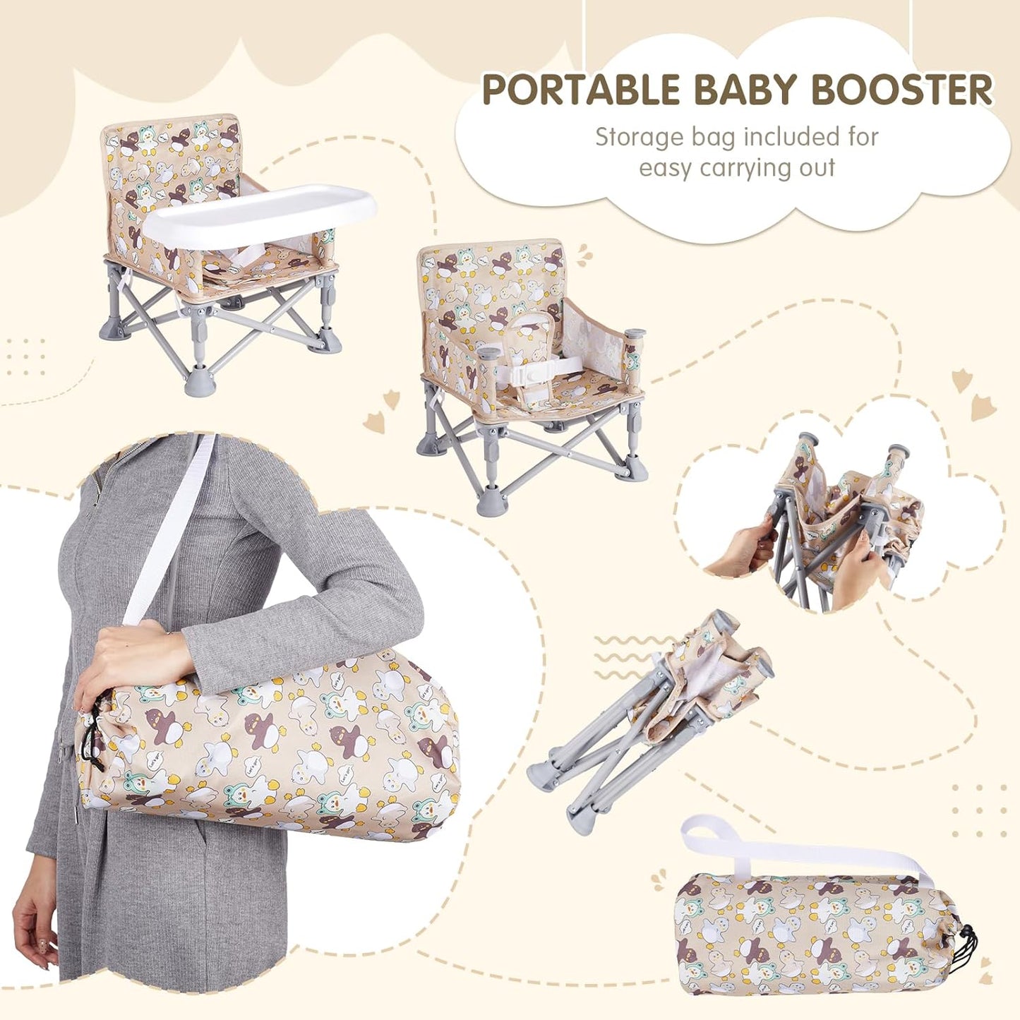 Portable Booster Seat,Toddler Baby Seat with Tray for Dining Table Compact Floor Chair for Camping Lawn Beach Babies Travel 6-36 Months