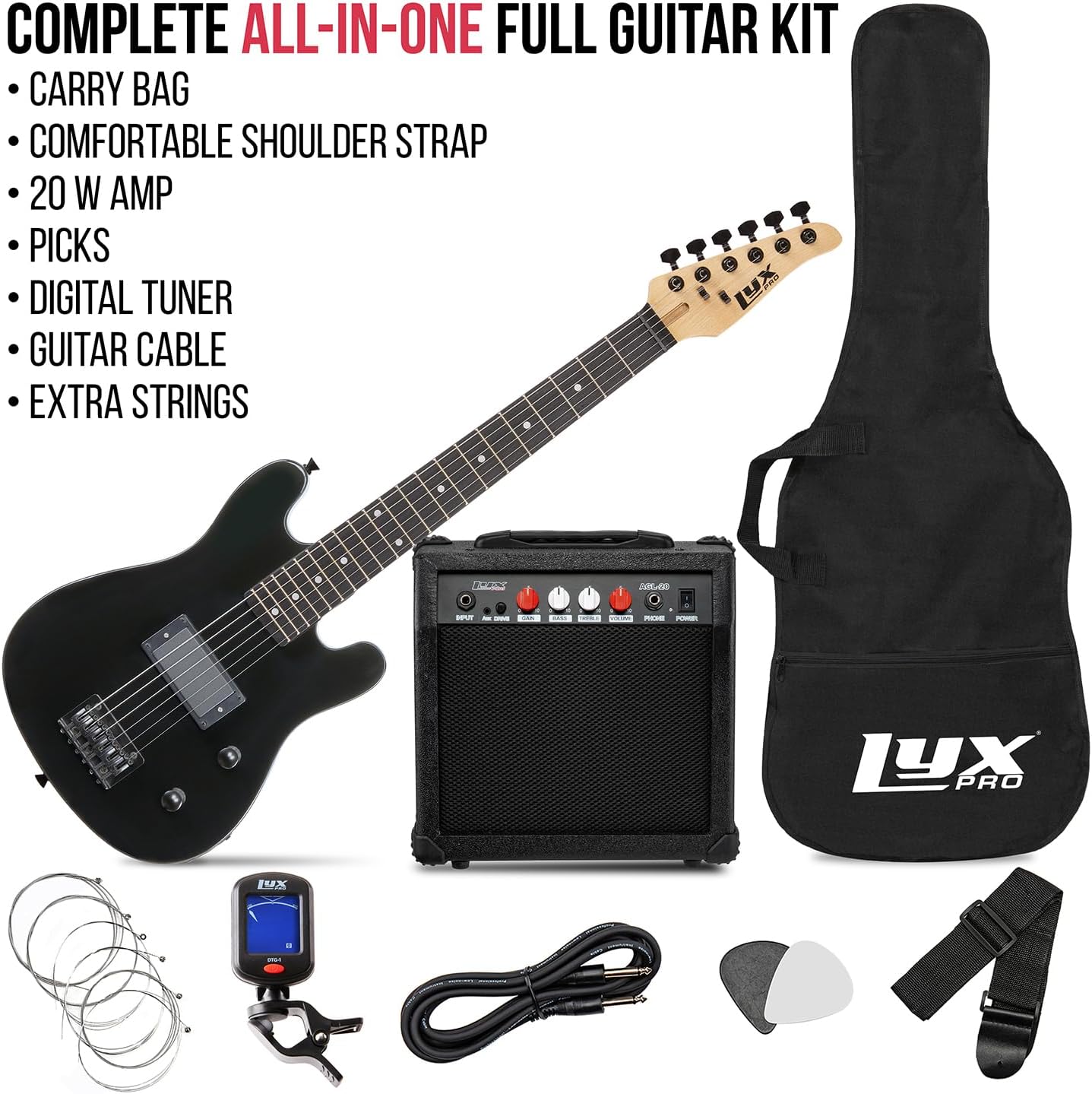 LyxPro 30 Inch Electric Guitar and Starter Kit for Kids with 3/4 Size Beginner’s Guitar, Amp, Six Strings, Two Picks, Shoulder Strap, Digital Clip On Tuner, Guitar Cable and Soft Case Gig Bag - Black