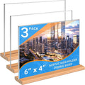 Kersally Acrylic Sign Holder 6 x 4, 3 Pack Double-Sided Clear Table Display Stands with Wood Base,Horizontal Acrylic Frame Menu Flyer Paper Holder for Store, Restaurant, Hotel, Office, Show Fair