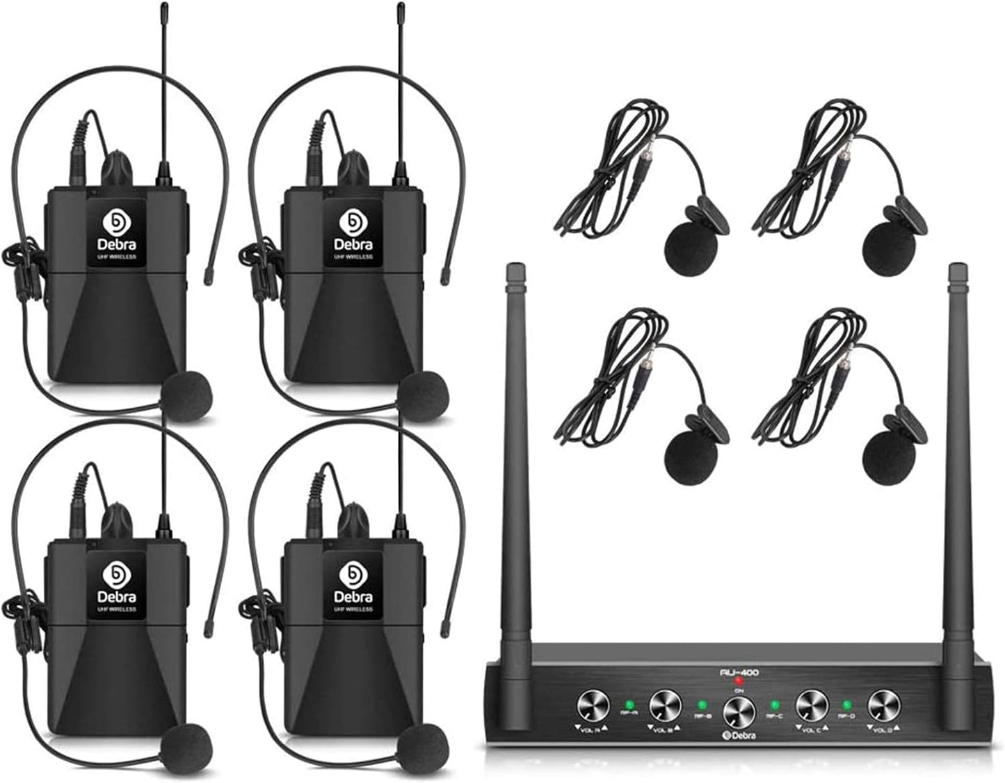 Debra Audio Pro UHF 4 Channel Wireless Microphone System with Cordless Handheld Lavalier Headset Mics, Metal Receiver, Ideal for Karaoke Church Party (with 4 Bodypack (A))
