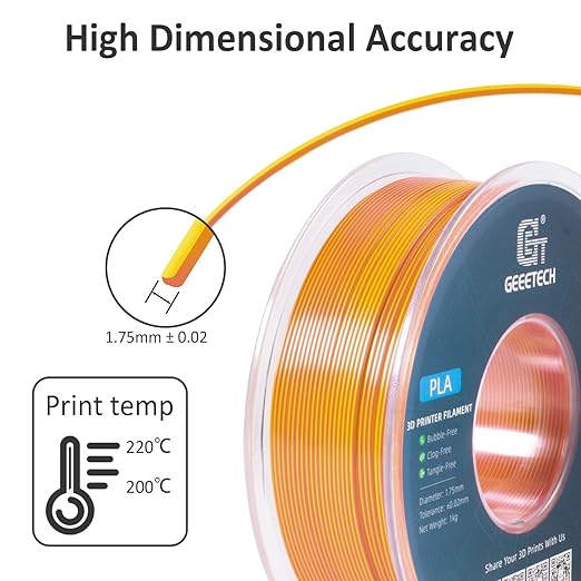 Geeetech Silk PLA Filament 1.75mm Silk Dual Color Filament, Coextrusion Dichromatic Metal-Like Shiny Consumable 1kg (2.2lbs) 1 Spool, Dimensional Accuracy +/- 0.02 mm, Gold Copper