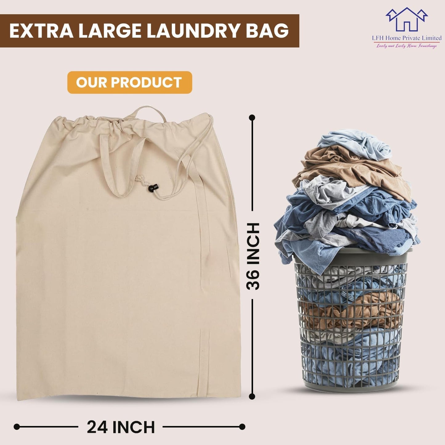 LFH Home Cotton Canvas Extra Large Laundry Bag with Handle, Heavy Duty Drawstring Closure Washable Laundry Bags School Travel, Home, Hotel, College Dorm, Organizer Sack, Toys Clothes 24x36-Natural