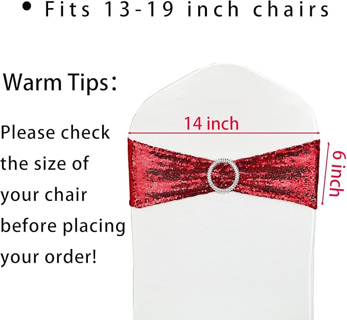 Sequin Chair Sashes Stretch Chair Bands Spandex Polyester Bows for Party Hotel Wedding Banquets Decoration - 6 Pcs Red