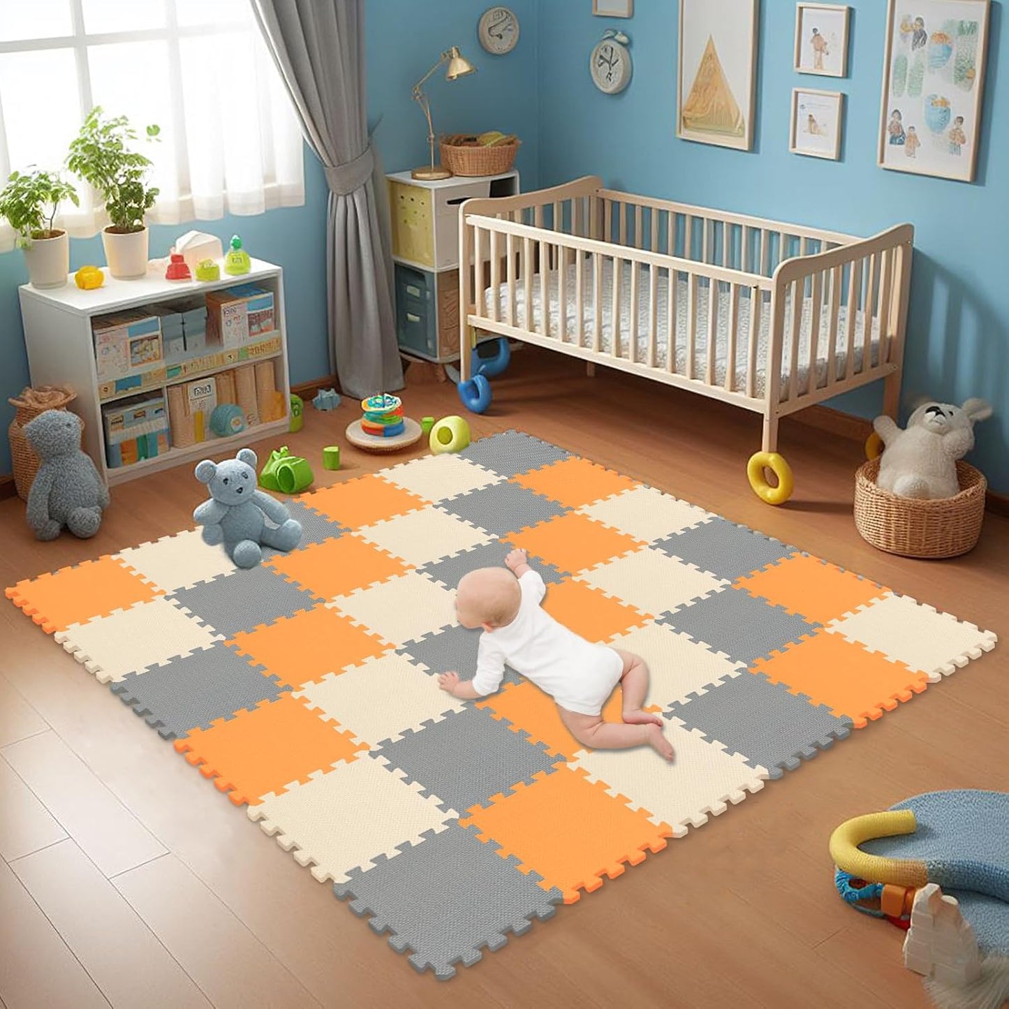 qqpp EVA Rubber 18 Tiles Interlocking Puzzle Foam Floor Mats - Baby Play Mat for Playing | Exercise Mat for Home Workout. Orange, Beige, Gray. QC-BJLb18N