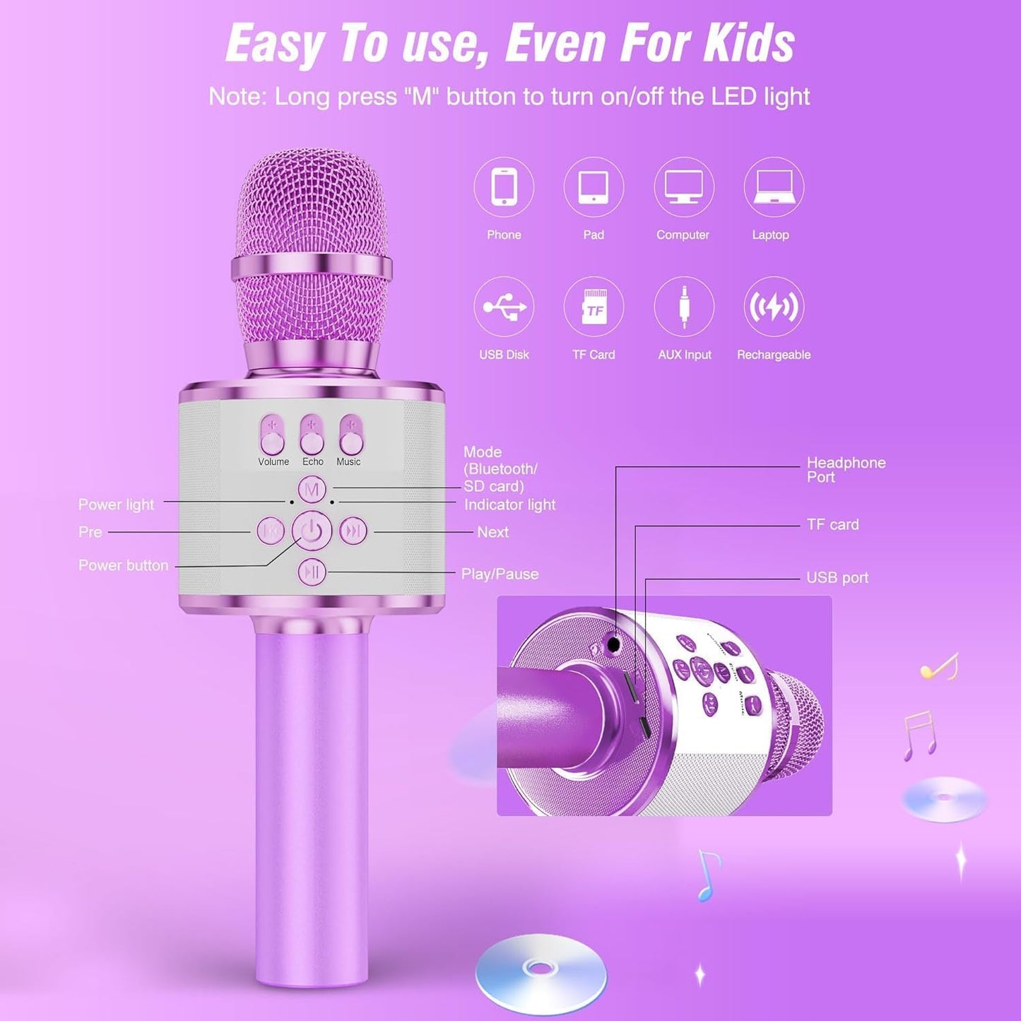 BONAOK Karaoke Microphone for Kids & Adults - Bluetooth Microphones Singing Mic with Disco Lights, Echo Effect, Built-in Speaker Portable Karaoke Player for Party Travel Gifts Q78(Light Purple)