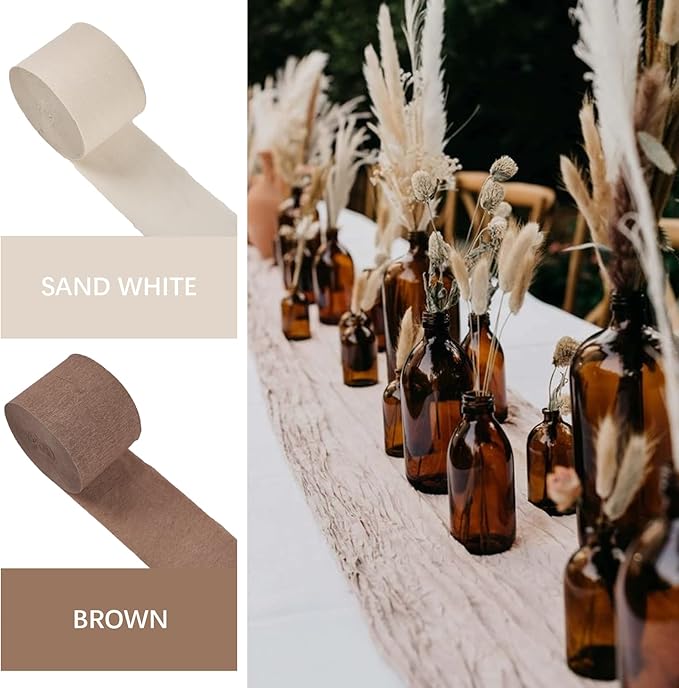 PartyWoo Brown Crepe Paper Streamers 4pcs 328ft Pack of Boho Neutral Sand White Crepe Paper Streamers for Birthday Baby Shower Wedding Graduation Anniversary Woodland Jungle Theme Party Decorations