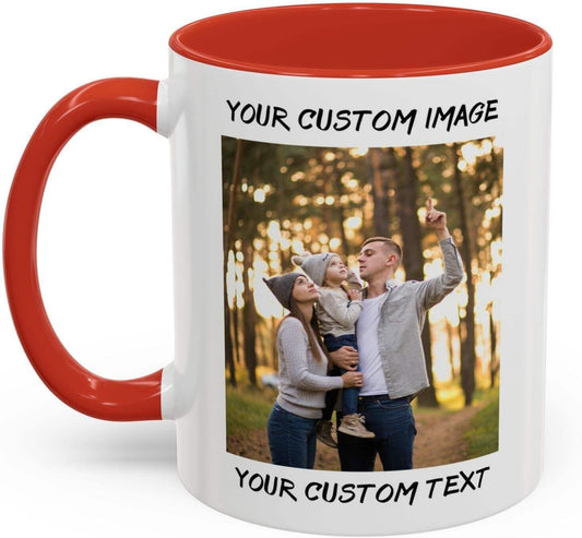 Personalized Coffee Cup with Photo, Logo or Text - Custom Both Sides Printed Mug for Him & Her - Unique Customized Gifts with Names - White/Red