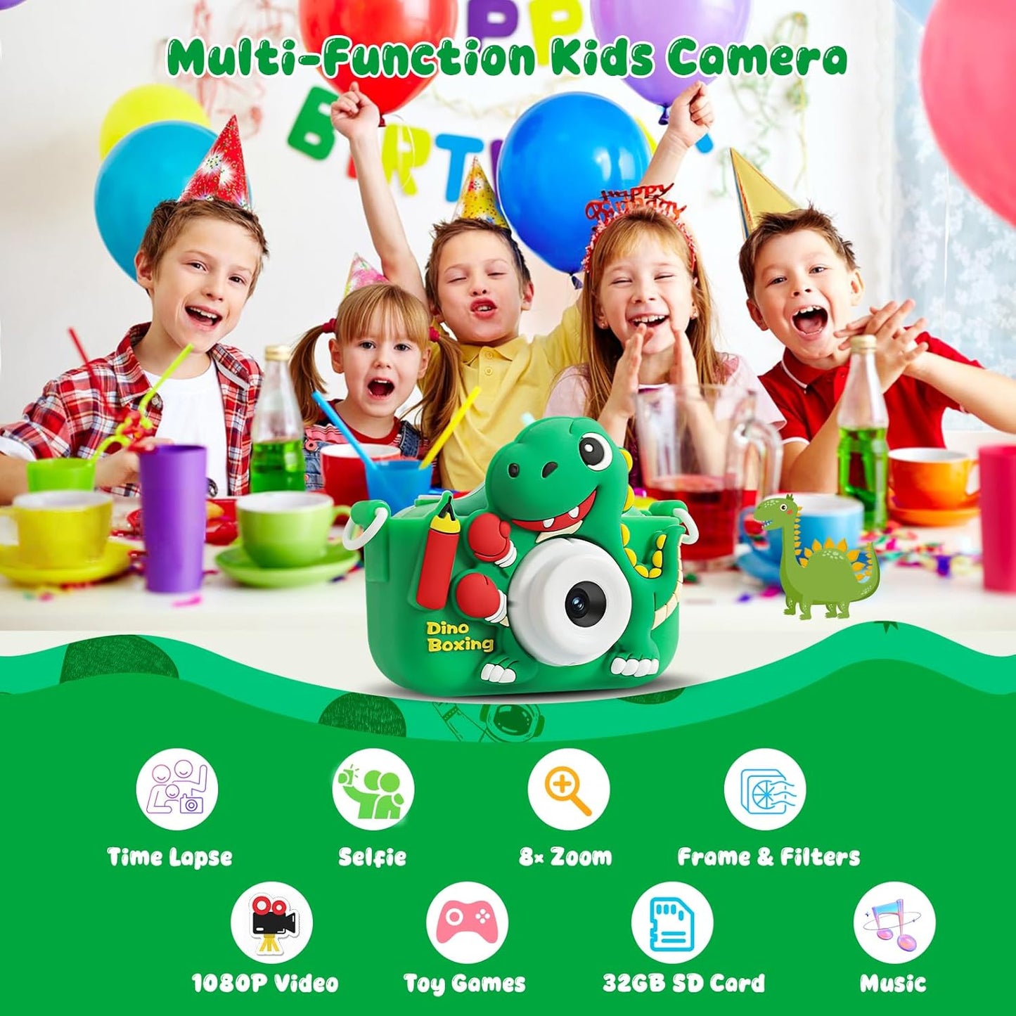 Kids Camera, Dinosaur Kids Camera for Kids Boys, Toddler Camera Digital Camera for Kids Age 3-12, Christmas Birthday Gifts Toys for 3 4 5 6 7 8 9 10 Years Old Boys, 1080P HD Selfie Video Camera