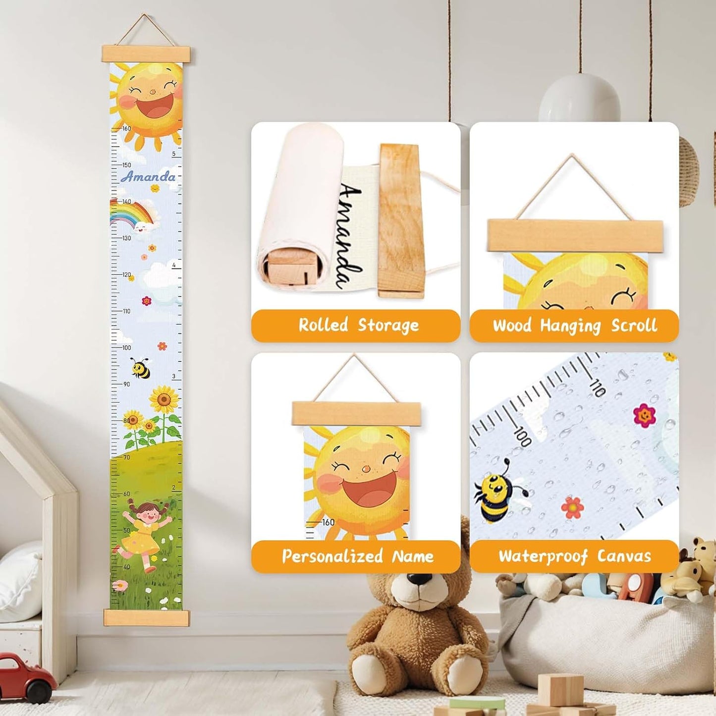 Personalized Name Height Chart for Kids, Sunflower Sun Meaningful Memories Through Kid Size Chart Measurement, Growth Chart Ruler for Wall, Fun & Stylish Height Tracker for Children