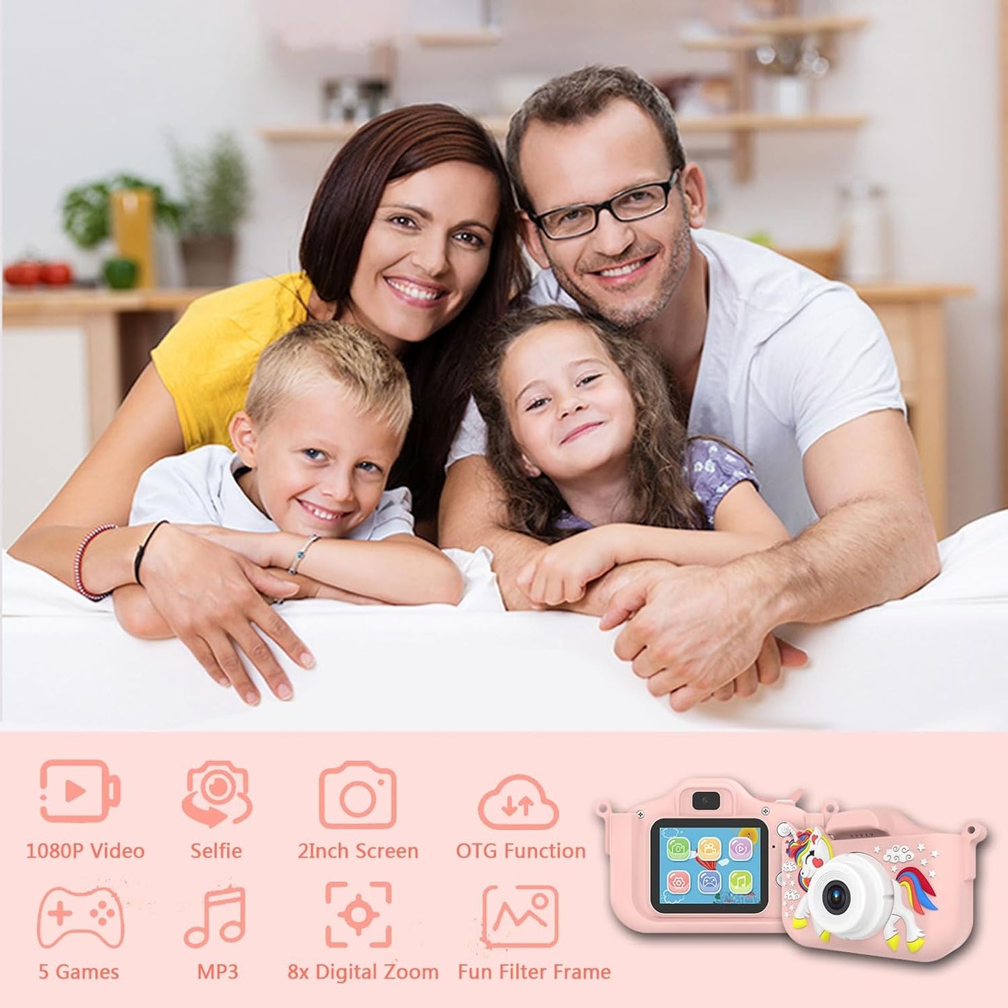 Kids Camera Toys,48MP Dual Lens with 64G SD Card and Cartoon Soft Cover for 3-8 Year Old Girls Boys (PinkDJS)