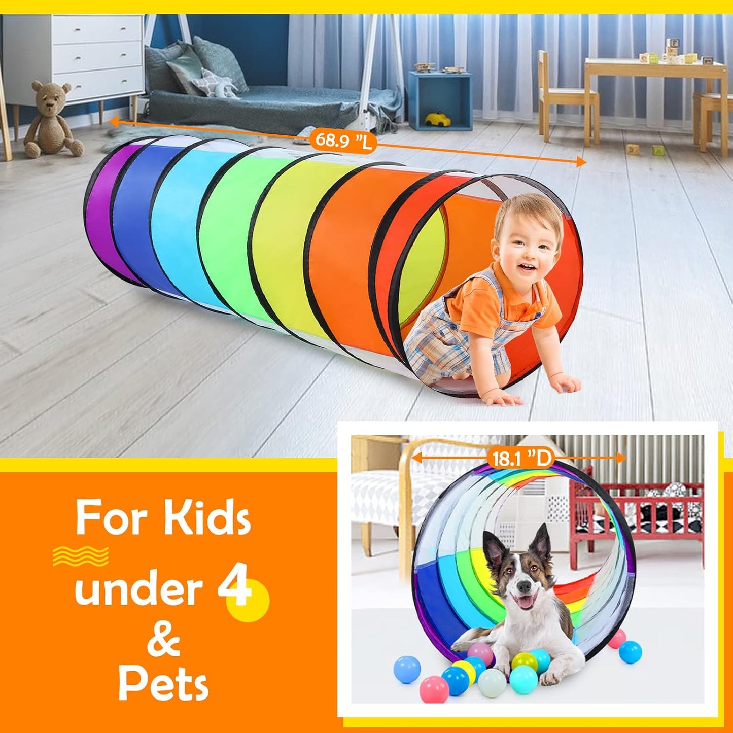 Moncoland Kids Play Tunnel Tent for Toddlers, Colorful Pop Up Crawl Toy Baby Children or Dog Cat with Breathable Mesh, Collapsible Gift Boy Girl Indoor Outdoor Games