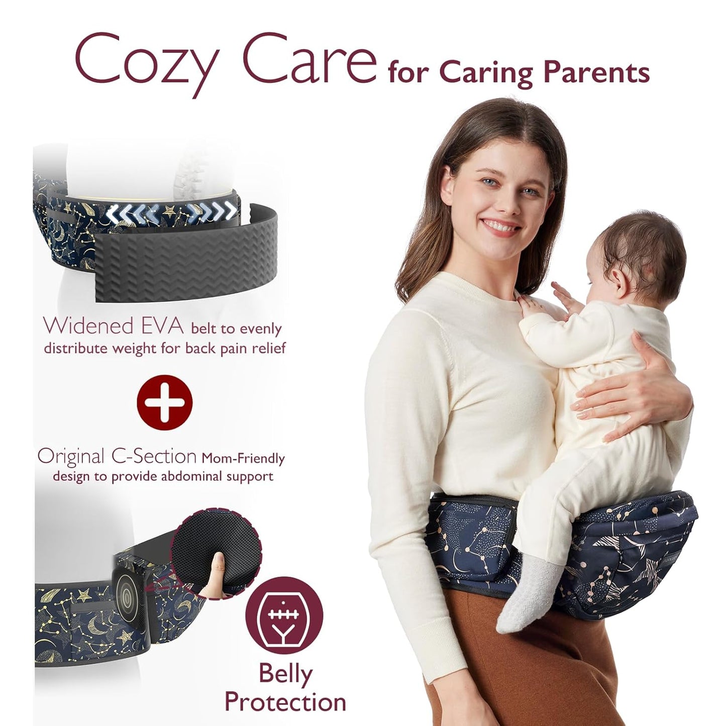 Momcozy Hip Seat Baby Carrier - Adjustable Waistband with Original 3D Belly Protector, Ergonomic Carrier with Various Pockets for Newborns & Toddlers up to 45lbs (Starry Sky, Large)