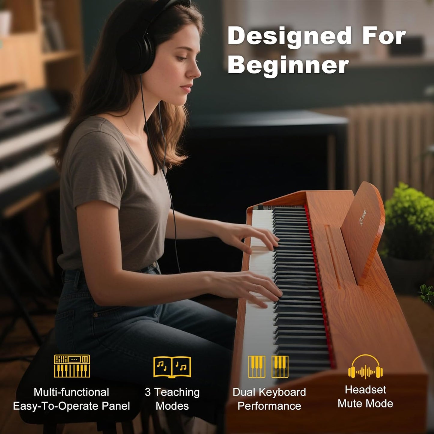 MUSTAR 88 Key Piano Keyboard for Beginners, Semi Weighted Electric Piano Keyboard 88 Keys, Portable Digital Piano 88 Key Weighted with 3-Pedal Unit, Built-In Speakers, USB/MIDI Connecting (Brown)