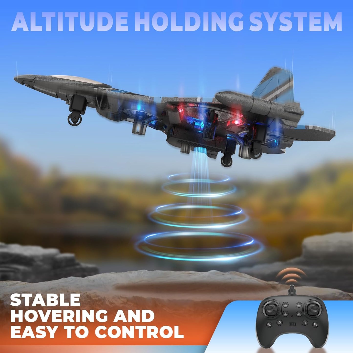 BEZGAR Drones for Kids | 2.4GHZ RC Plane, Remote Control Airplane, RC Helicopter, 360° Flip Fighter Jet Toy with Colorful LED Navigation Lights Blue, Toys for ages 8-13