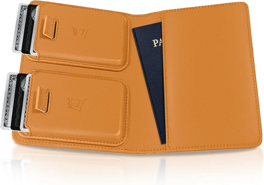 Kings Loot Passport Holder Wallet | RFID Blocking Leather Travel Wallet with Built-in Airtag Holder | Holds 1-6 Cards & Passport | Easy Pull Tab | Travel Wallets (Cognac)