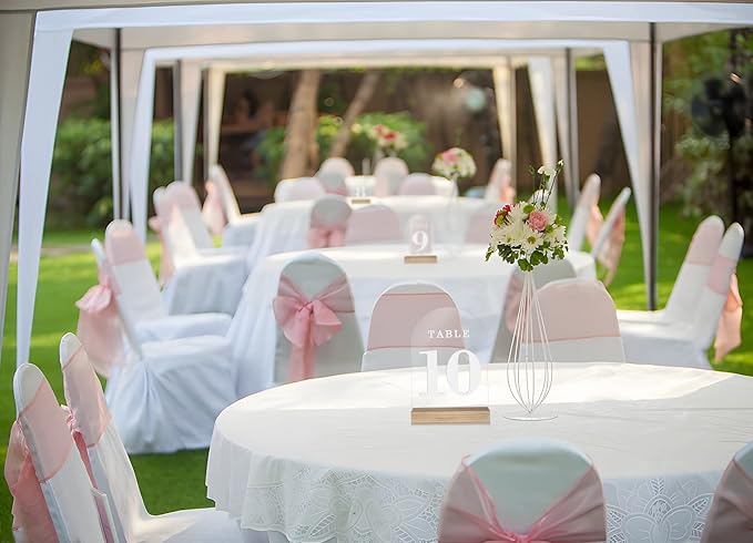 Clear Acrylic Sign with Wooden Stand Table Numbers DIY, 10 Pack Acrylic Sheets Table Signs for Wedding, 5x7 Inch Arch Signs Blank for Restaurant Party Bridal Shower (No printing included)