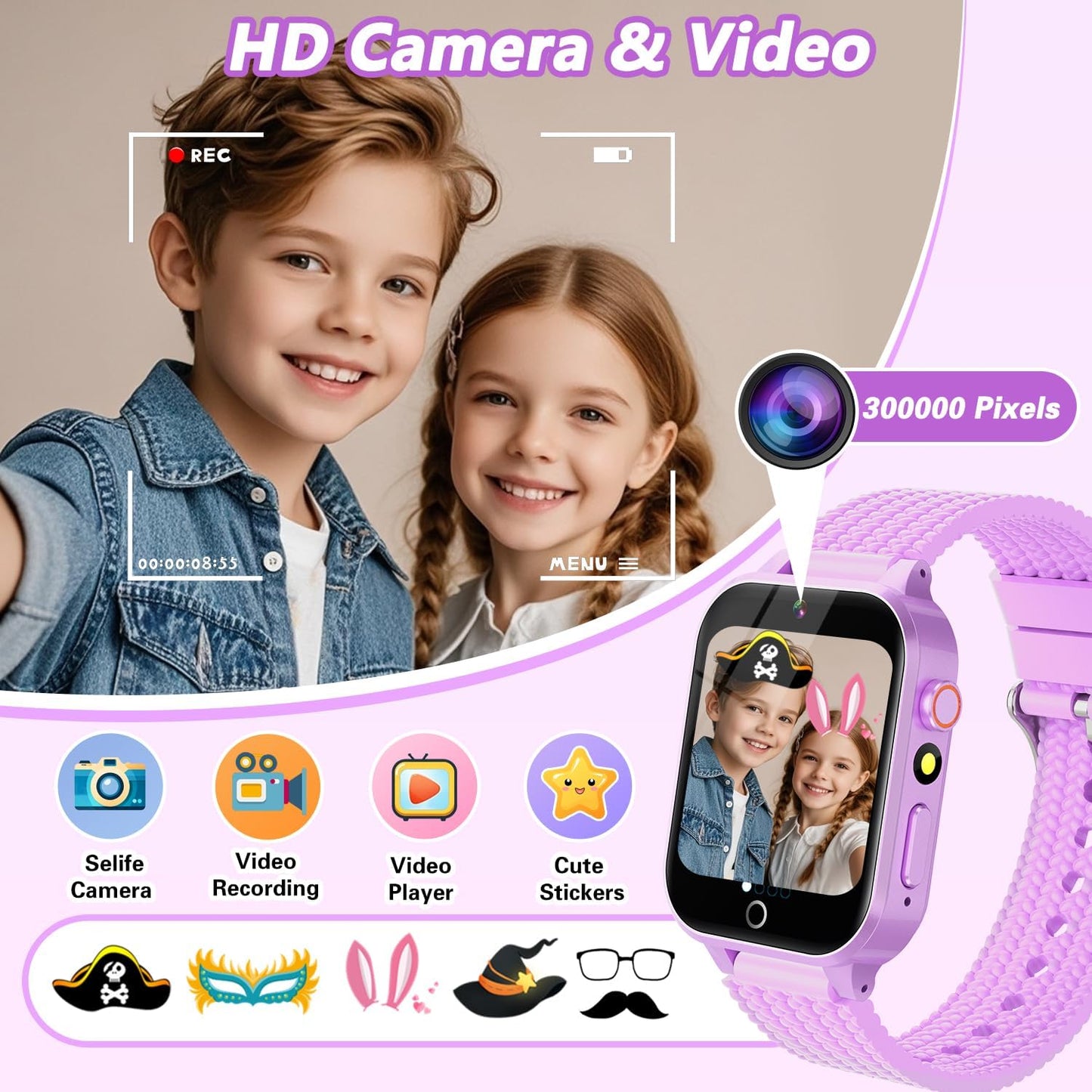 Smart Watch for Kids Girl Gift Ages 3-12, 2 Screen Protector, 26 Puzzle Games, HD Camera Video Music Player Touchscreen Pedometer, Educationtal Toy Brithday Gifts for Girl Ages 4 5 6 7 8 9 10(Purple)