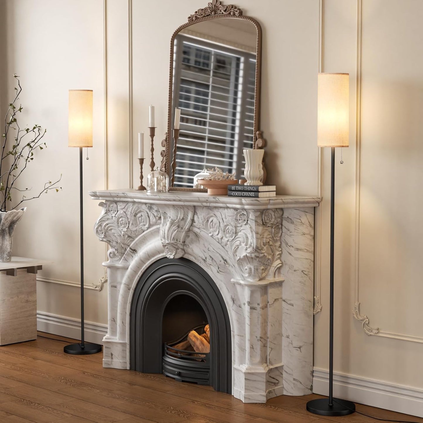 Ambimall Floor Lamp with 3 Color Temperatures Bulb Set of 2, 64" Standing lamp with Linen lampshade for Bedroom, Minimalist Pole Lamp, Beige Shade & Black Pole