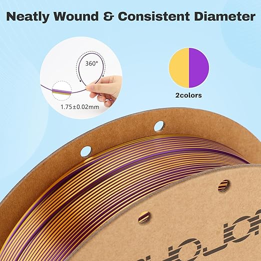 Silk PLA Filament 1.75mm Purple Gold Dual Color PLA 3D Printer Filament 2 in 1 Coextrusion 1KG Spool(2.2lbs) 3D Printing Filament Dimensional Accuracy +/- 0.03mm Fits for Most FDM 3D Printers