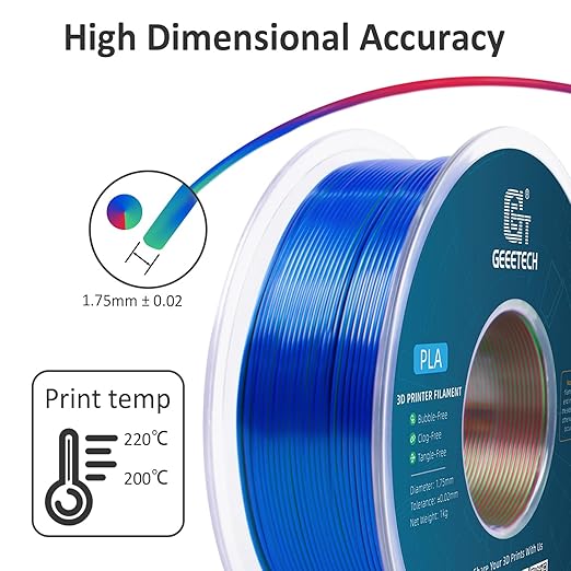 Geeetech Silk PLA Tri Color Filament 1.75mm 3D Printer Filament, Coextrusion Red Blue Green Tri-Colors Metal-Like Shiny Silk PLA Filament, 1kg (2.2lbs) 1 Spool, Dimensional Accuracy +/- 0.02 mm