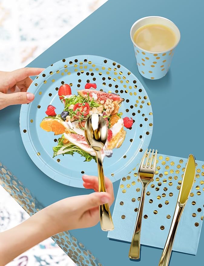 141 Pieces Light Blue and Gold Party Supplies, Party Dinnerware Sets Include Paper Plates Napkins Cups Silverware, for Wedding Bridal Shower Engagement Birthday Parties Decoration -20 Serves