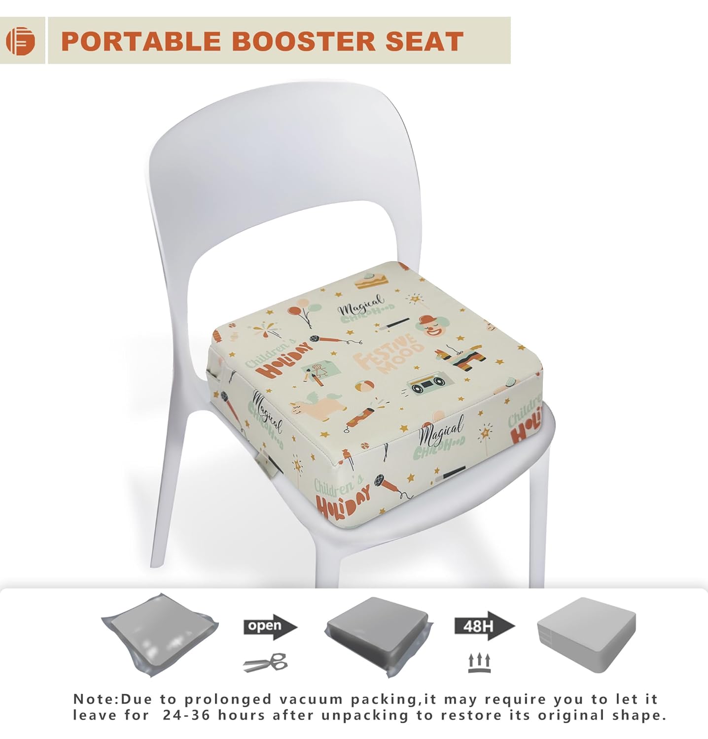 Toddler Booster Seat for Dining Table, Portable Booster Seat for Kitchen Chair, 4 Inch High-Density Foam Cushion with Adjustable Safety Straps and Non-Slip Bottom, Perfect for Kids Travel and Daily